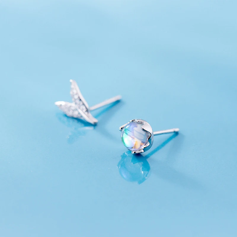 MloveAcc 100% 925 Solid Sterling Silver Synthetic Crystal Bubble Asymmetrical Fish Tail CZ Stud Earrings for Women Girls Kids La | Украшения