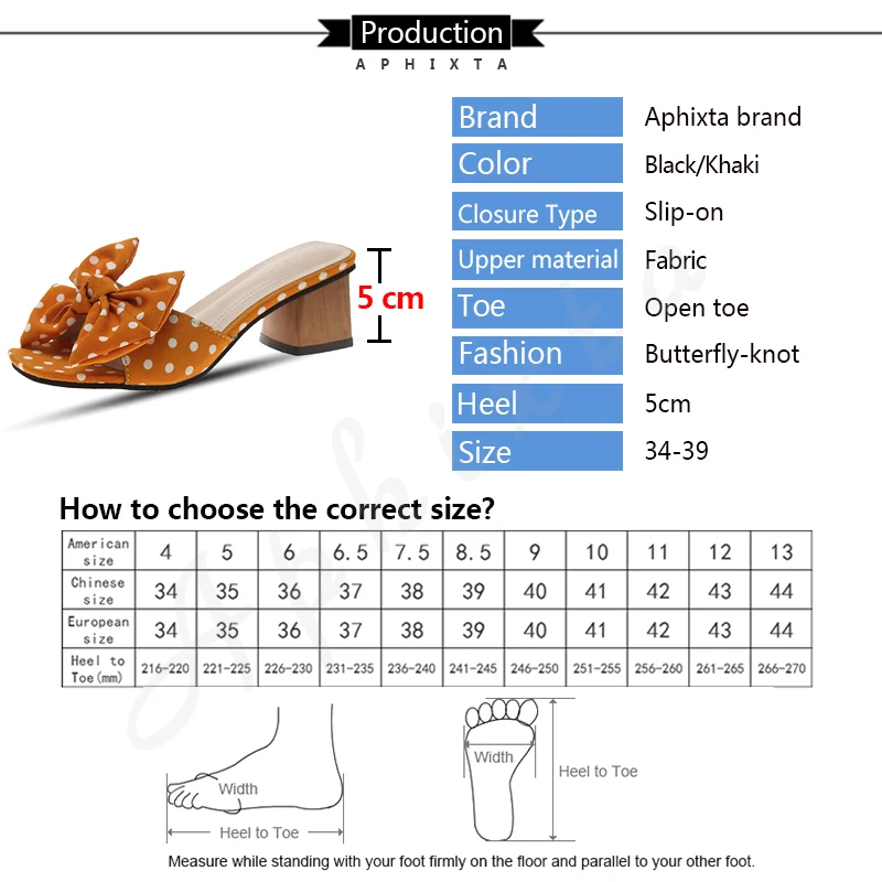 Aphixta тапочки в горошек с бантиком бабочкой женские туфли на квадратном каблуке 5