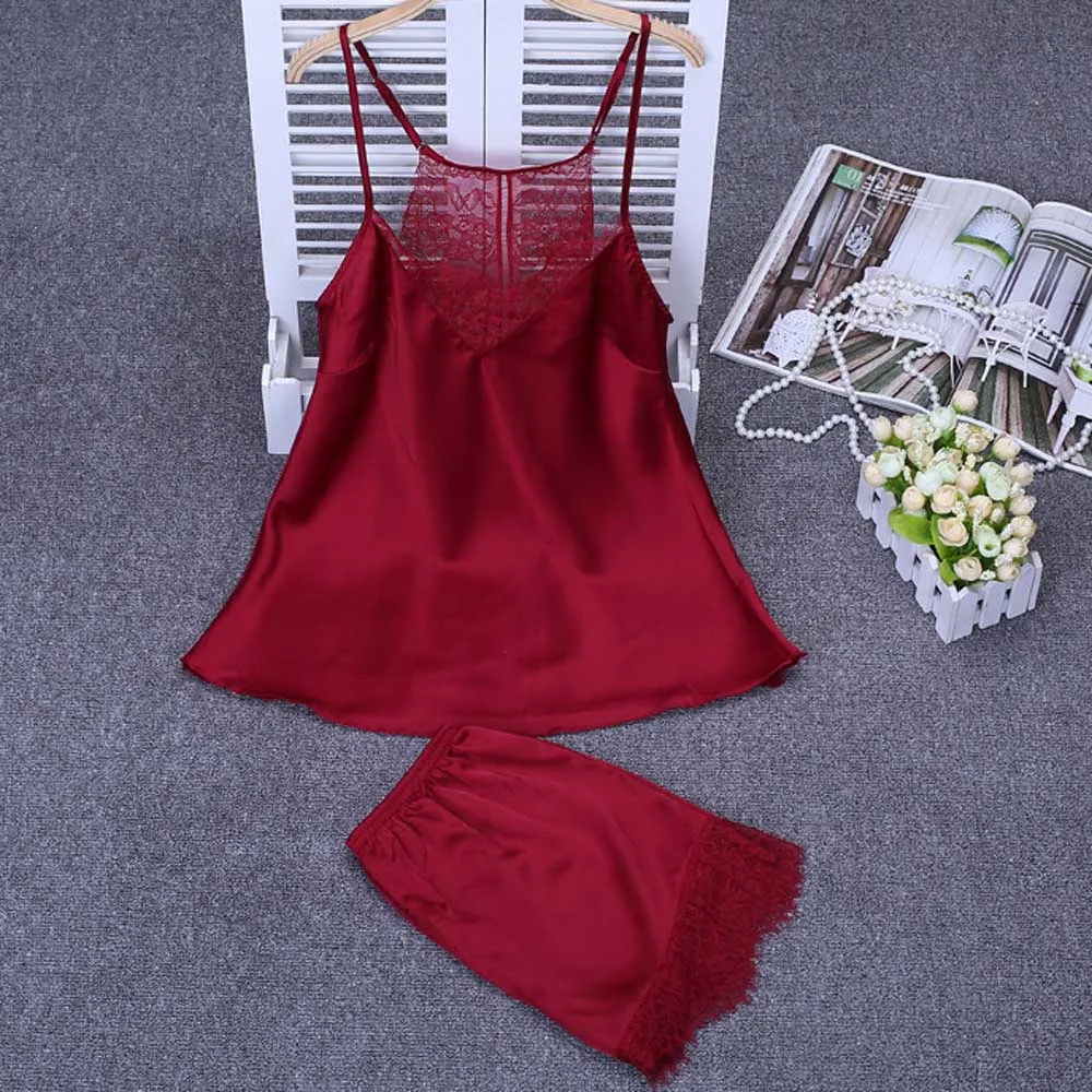 Женская Сексуальная кружевная атласная Шелковая пижама комплект Camis нижнее