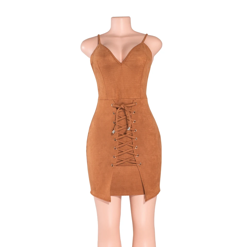 Осень 2017 новинка Замшевое платье без рукавов с v образным вырезом и шнуровкой