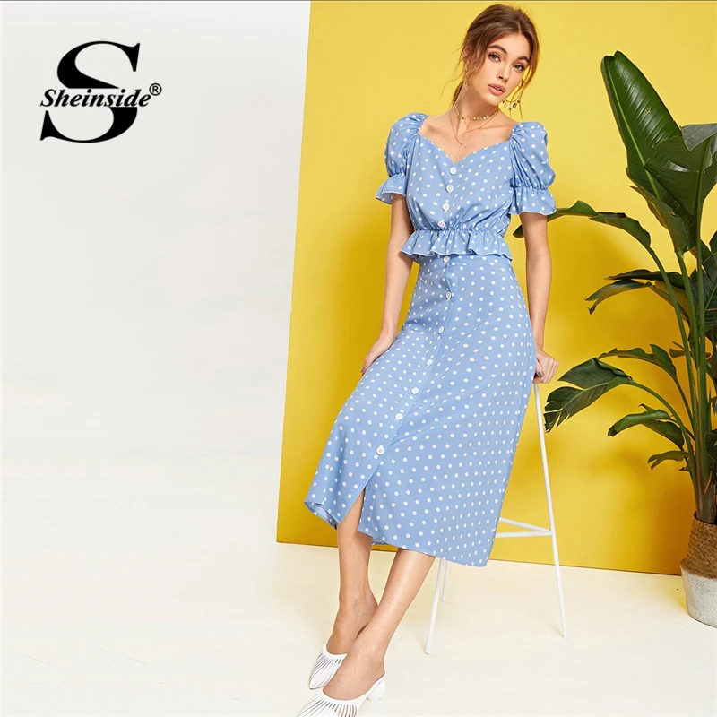 Sheinside/винтажная блузка с вырезом-сердечком и юбка с деталями на пуговицах, комплект для женщин, летний укороченный топ с пышными рукавами, комплект из 2 предметов