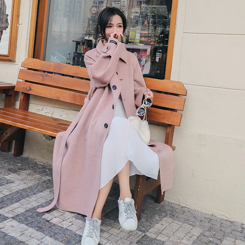 Женское шерстяное пальто свободное светло розовое длинное большого размера