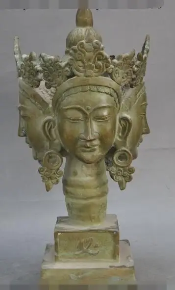 S5428 тибетская бронза четыре лица Kwan-Yin Bodhisattva Голова Статуя Будды печать штамп с