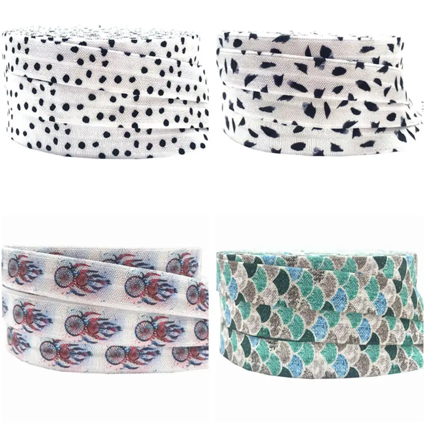 

10 Yards 15mm Dot Fish Scale Dreamcatcher Print Fold Over Elastic Stretchy Band DIY Girls Hair Ties Strap Headband Accessories