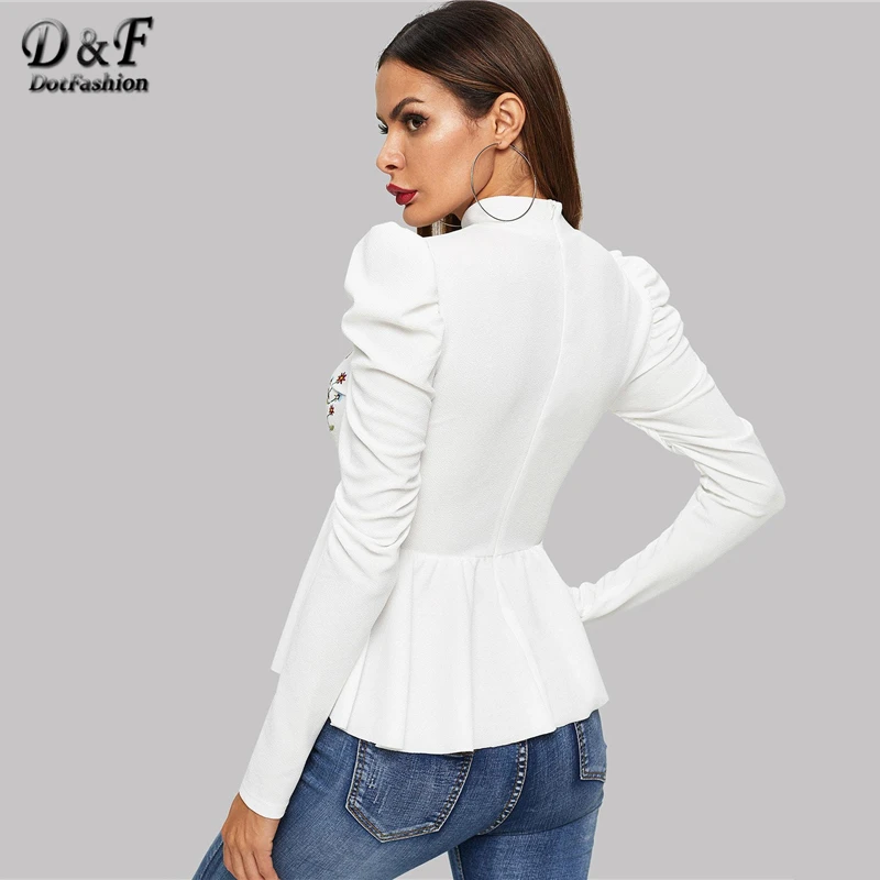 Dotfashion/Женские топы и блузки с вышитыми белыми цветами и рюшами, осенняя одежда, Повседневный пуловер с длинным рукавом, модная рубашка