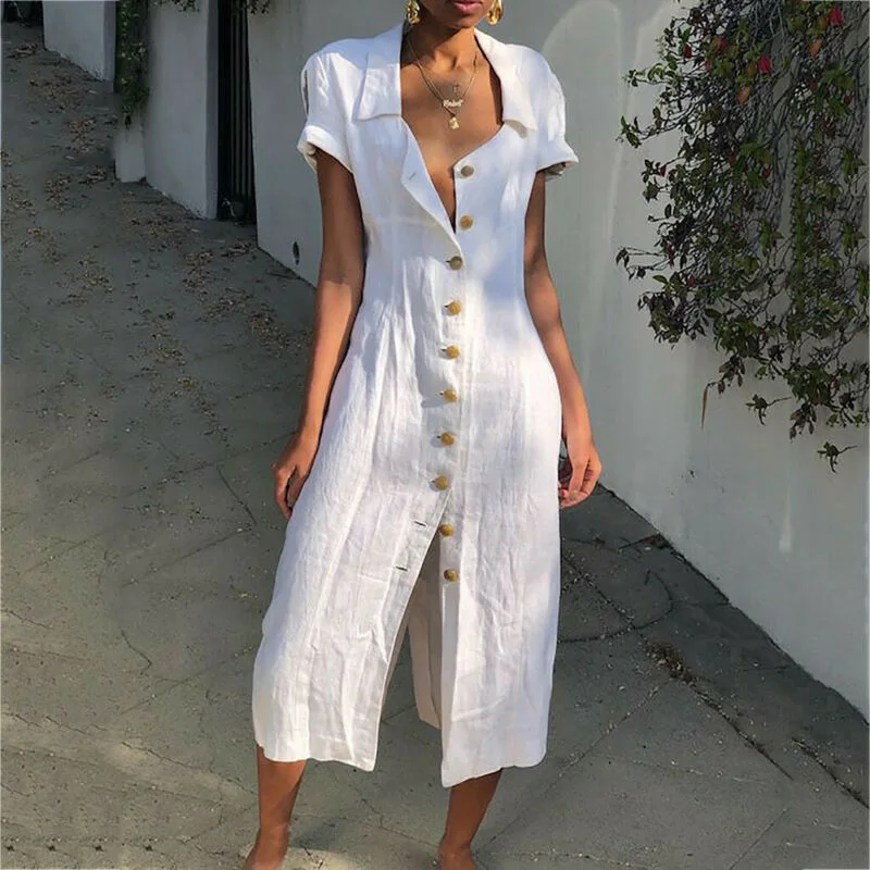 Женское длинное платье рубашка на пуговицах повседневное хлопковое льняное