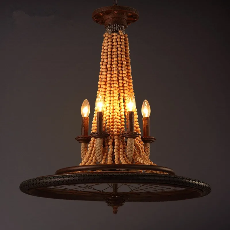 Деревянные люстры из пеньковой веревки с железным велосипедным колесом