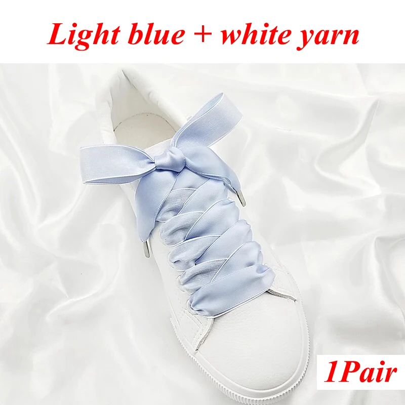 Light blue white 1 пара, ширина 2 см, двухсторонние шнурки для снега, атласные, шелковые, ленточные шнурки, женские модные шнурки для кроссовок, шнурки для обуви 80/100/120 см - Цвет: Light blue white