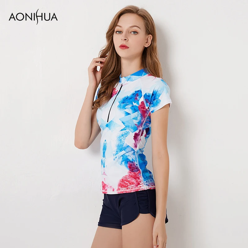Женский купальный костюм AONIHUA с коротким рукавом облегающий для плавания пляжная