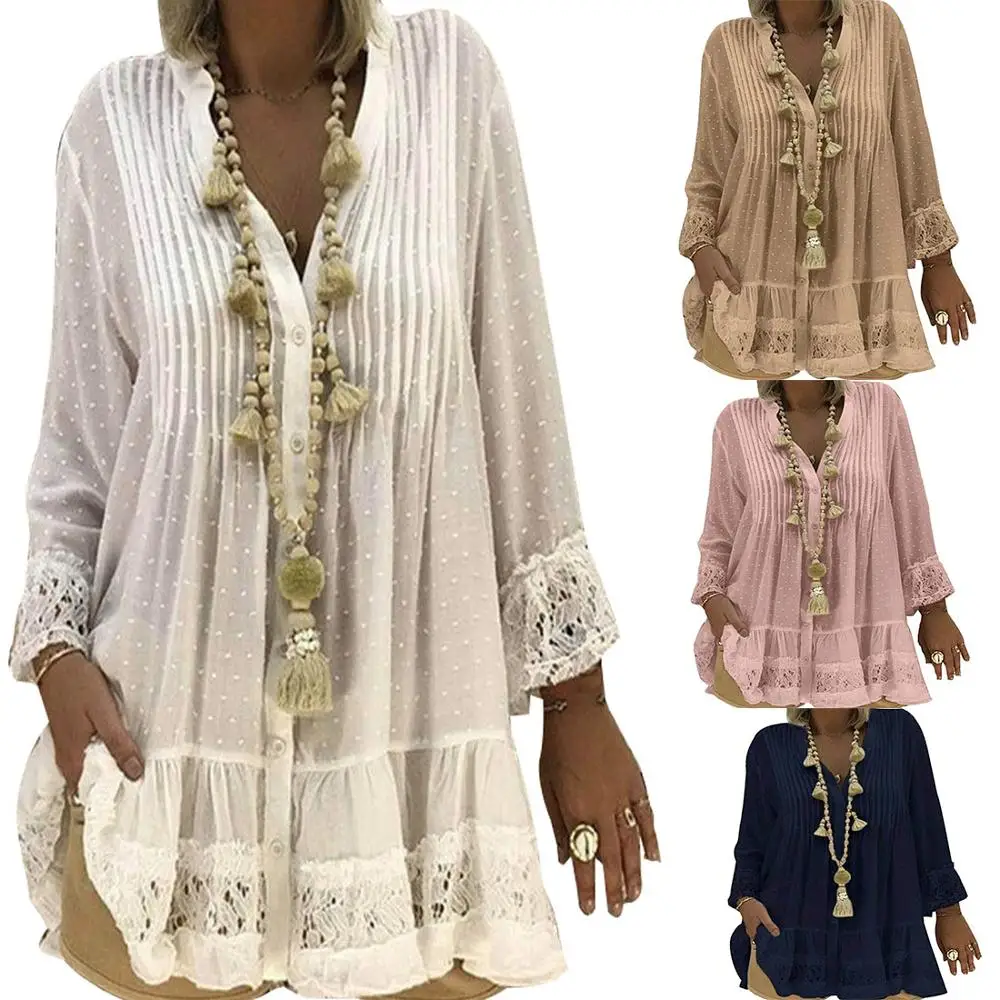 

Spring Woman Long Sleeve Blouse Tops Boho Ladies V-Neck Loose Shirts Plus Size S-5xl Lace Summer Blusas Mujer De Moda 2019