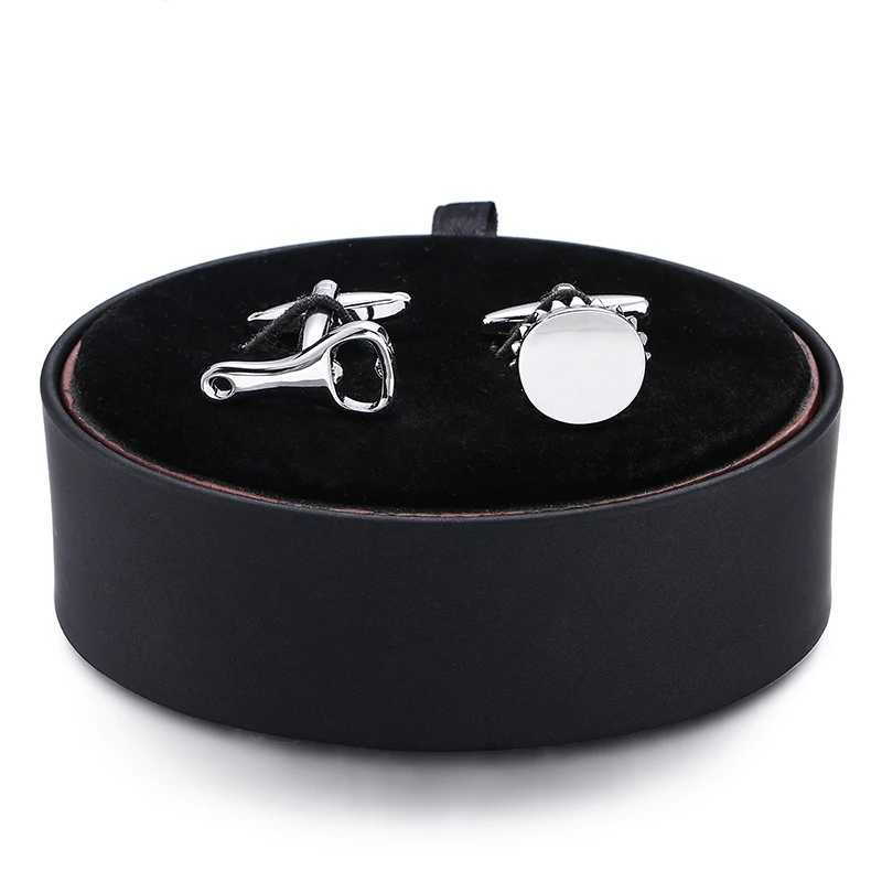 

DY High quality silvery beer cap opener Cufflinks black leather box set the fashion men's French Cufflinks box set free shipping