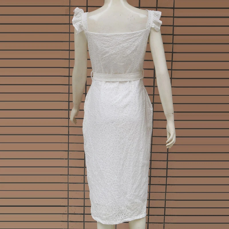 

Summer Women Single Breasted Knee-Length Bodycon Dress Elegant Lace Square Neck Wrap Belt Dress Solid Color Slim Fit Party Dress