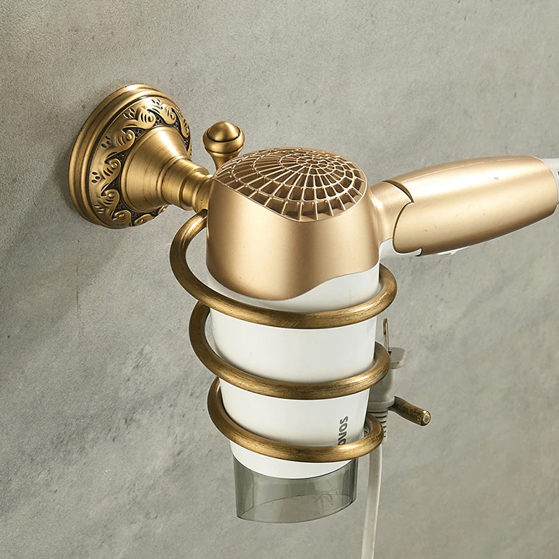 

Nail Free Hair Dryer Holder Antique Brass Bathroom Shelf Rack Washroom Accessories