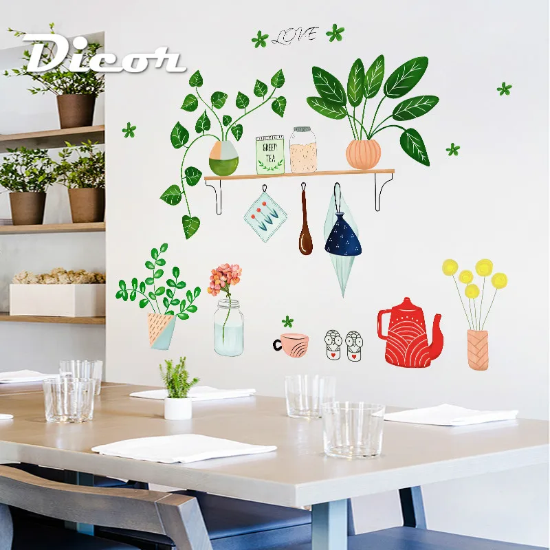 DICOR DIY креативные зеленые горшечные растения рисунок Наклейка на стену Декор для