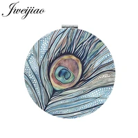 jweijiao peacock feather art picture round makeup mirror pu leather mini folding compact portable 1x2x magnifying pocket mirror
