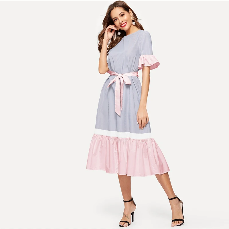 SHEIN модное платье в полоску с оборкой и цветным поясом,, Boho, весна-лето, короткое платье с воланом, рукав, туника, цельнокроеное женское платье