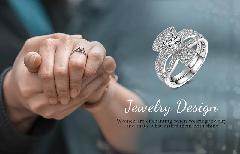 JewelryPalace круглый 1ct кубического циркония Флора с бантом из ленты; Разделение хвостовиком Обручение кольцо устанавливает 925 пробы Серебряные ювелирные изделия Модные