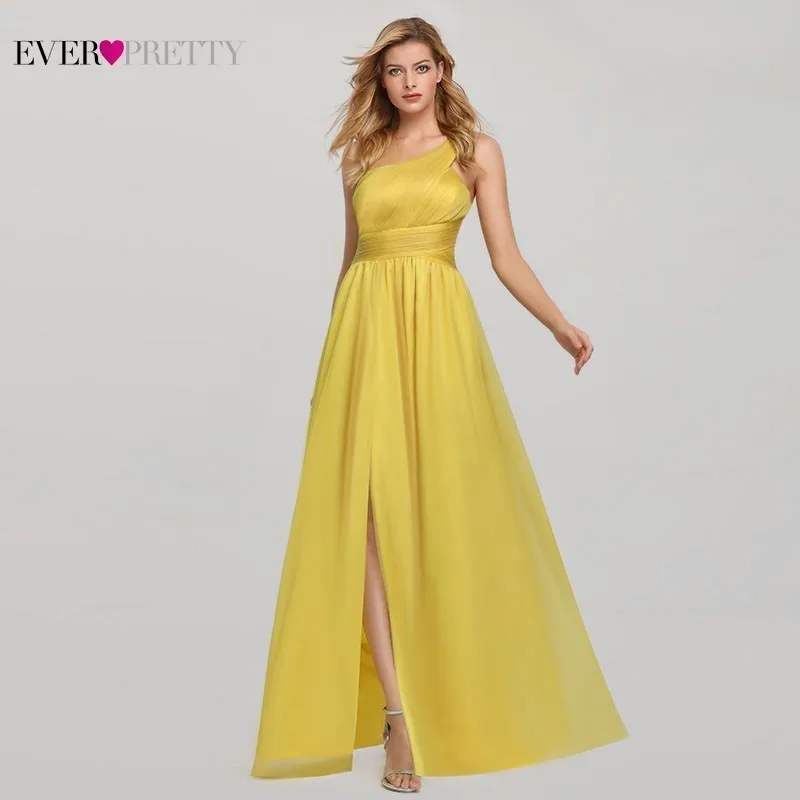 Желтые платья подружек невесты 2019 Ever Pretty A-Line одно плечо с высоким разрезом