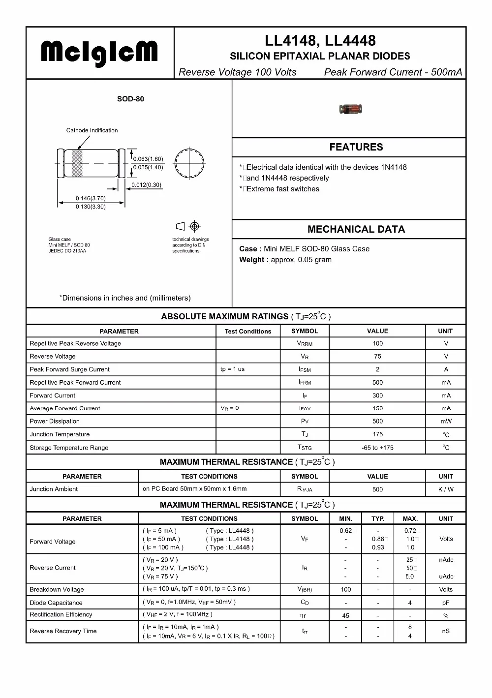 MCIGICM 500 шт. LL4148 LL-34 1N4148 IN4148 smd высокоскоростные Импульсные диоды 75 в 150 мА MINI MELF sod80