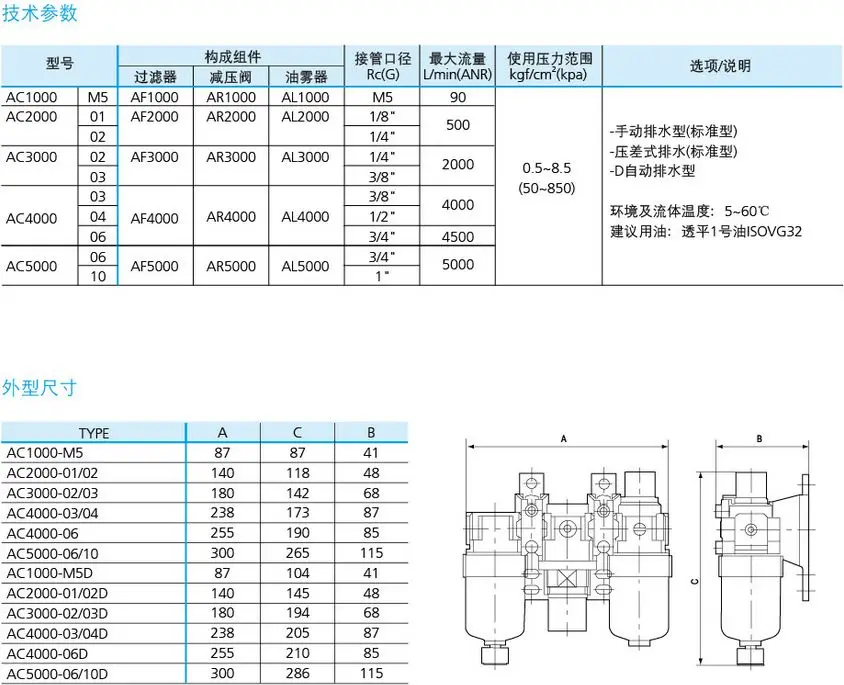 

High quality XAC2000-02 Series Air Filter Combination FRL port G1/4" Pressure reducing valve oil mist