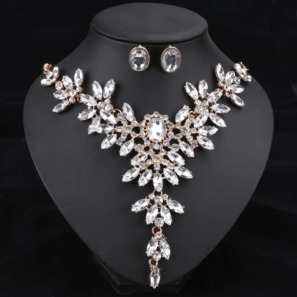 Модные женские свадебные ожерелья наборы золотистого цвета Колье со стразами и