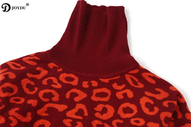 JOYDU pull femme hiver 2018 Runway Winter Chic Turtleneck Sweater Women Leopard Pattern Red Warm Knit Pullover Cool Jumper | Женская