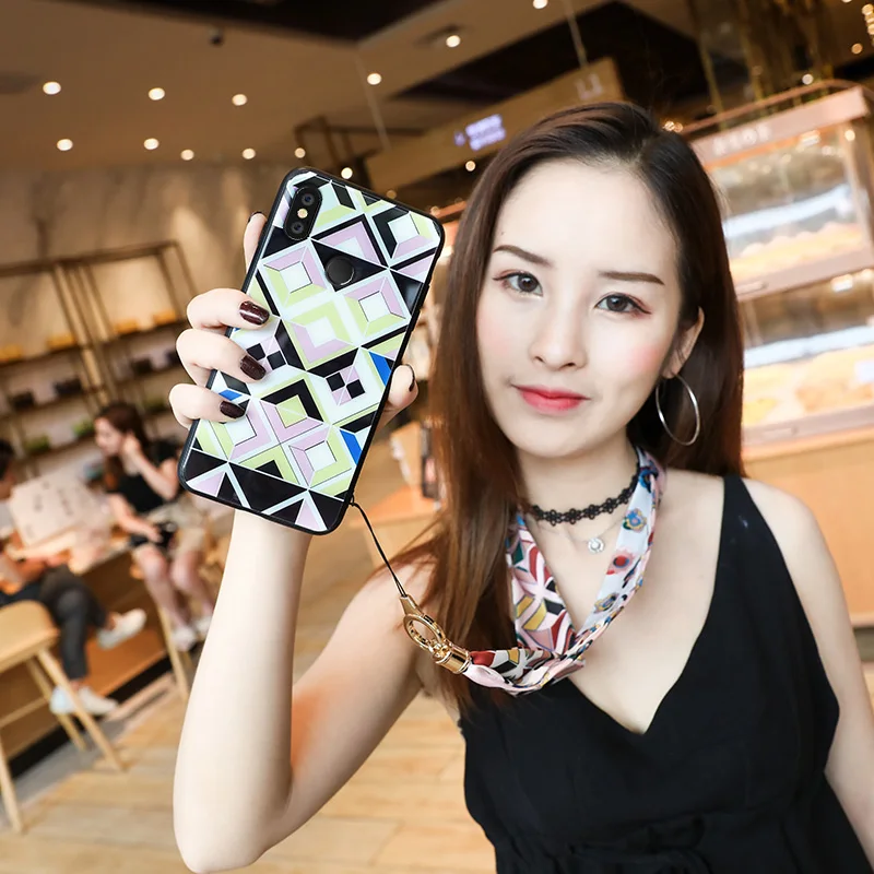 colorful geometric image design tempered glass rope soft silicon case For Xiaomi Mi 6X A2 Mi6 M6 5X A1 Note3 |