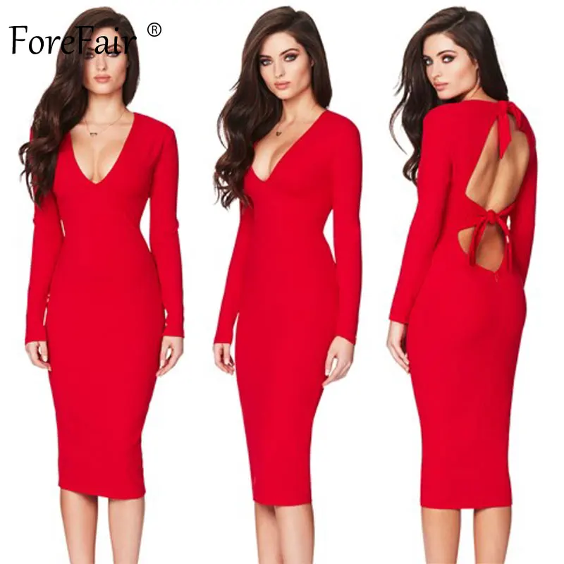 Женское длинное платье с открытой спиной ForeFair Красное Облегающее Клубное на