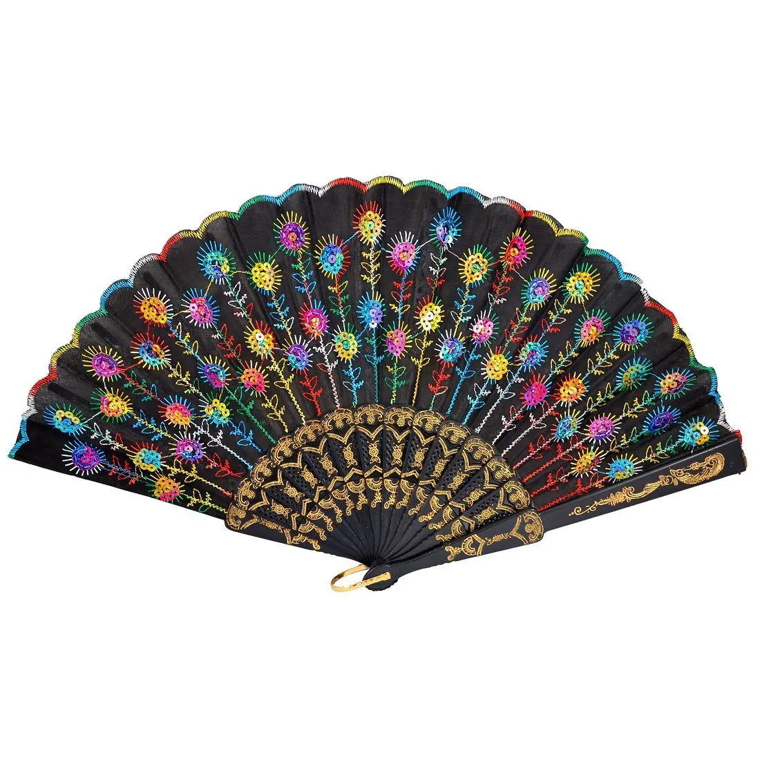 

Hot Sale SODIAL(R) Colored Embroidered Flower Pattern Black Cloth Folding Hand Fan for Woman