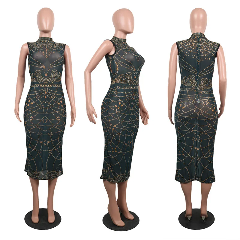 Летнее модное женское платье-карандаш с круглым вырезом, без рукавов, с перспективным принтом, с бриллиантами, приталенное, уличный стиль, 4 цвета