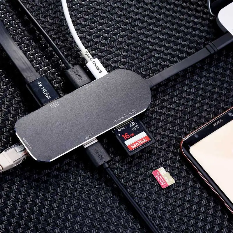 USB c концентратора адаптер Dongle Dock с Тип c PD Мощность 4 К видео HDMI SD Card Reader Gigabit Ethernet адаптер USB-C Тип-C 3.0 концентратора