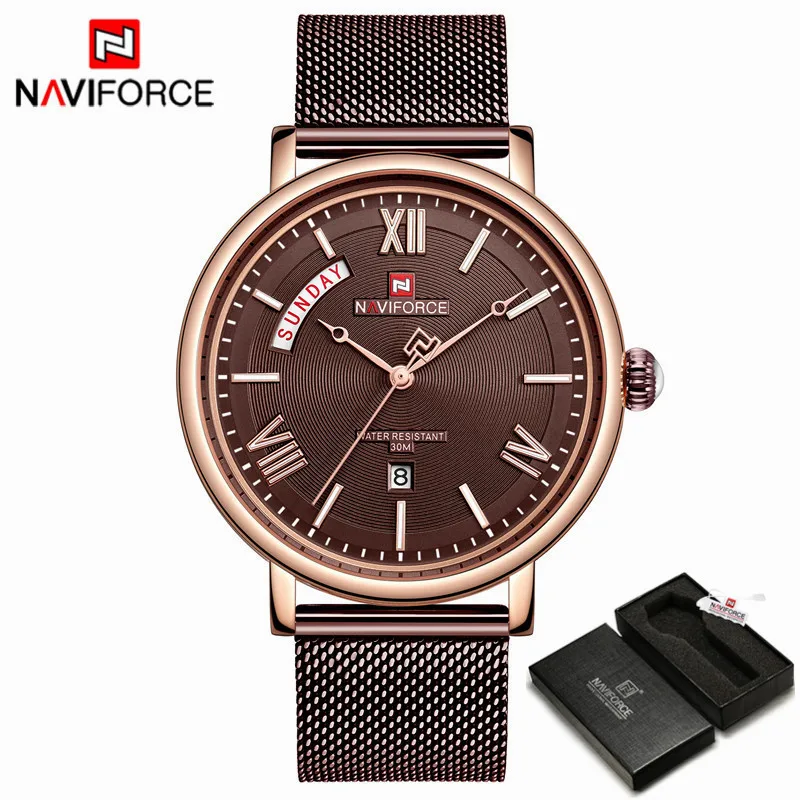 Rose Coffee with Box NAVIFORCE часы мужские модные деловые часы мужские повседневные водонепроницаемые кварцевые наручные часы синие стальные сетчатые часы Relogio Masculino - Цвет: Rose Coffee with Box