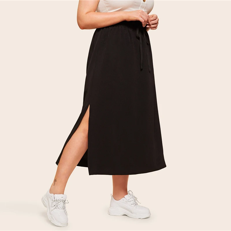 SHEIN, черная юбка размера плюс, с рюшами, на завязках, на талии, с разрезом сбоку,, Женская Весенняя Летняя Повседневная Длинная юбка макси с подолом
