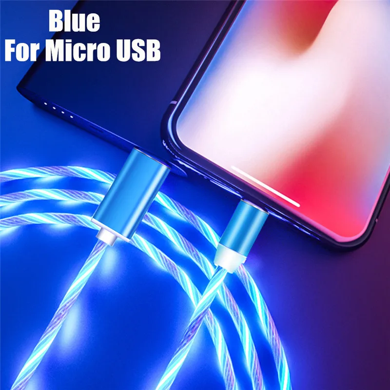 Blue Micro Cable НИСИ светодиодный Micro USB Магнитный зарядный кабель для iPhone samsung Xiaomi huawei USB C TPE поток светящийся кабель быстрой зарядки - Цвет: Blue Micro Cable