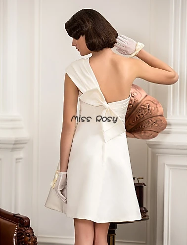 Custom Made One-shoulder Sleeveless Bow Satin A-line White/Ivory Short Cheap Wedding Dress | Свадьбы и торжества