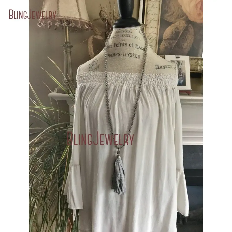 Потертое колье в стиле бохо сари шелковая кисточка Boho Glam узкая матовая серая бусы со стразами ожерелье NM18227