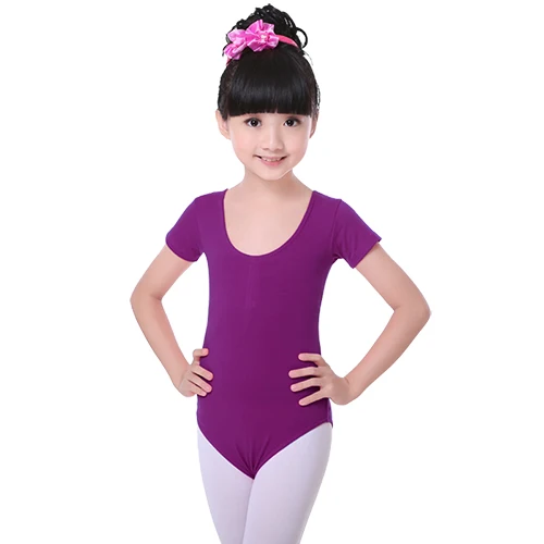 Purple Short Sleeve Детское розовое хлопковое трико с короткими/длинными рукавами; одежда для балета и танцев для девочек; одежда для спортивной гимнастики - Цвет: Purple Short Sleeve