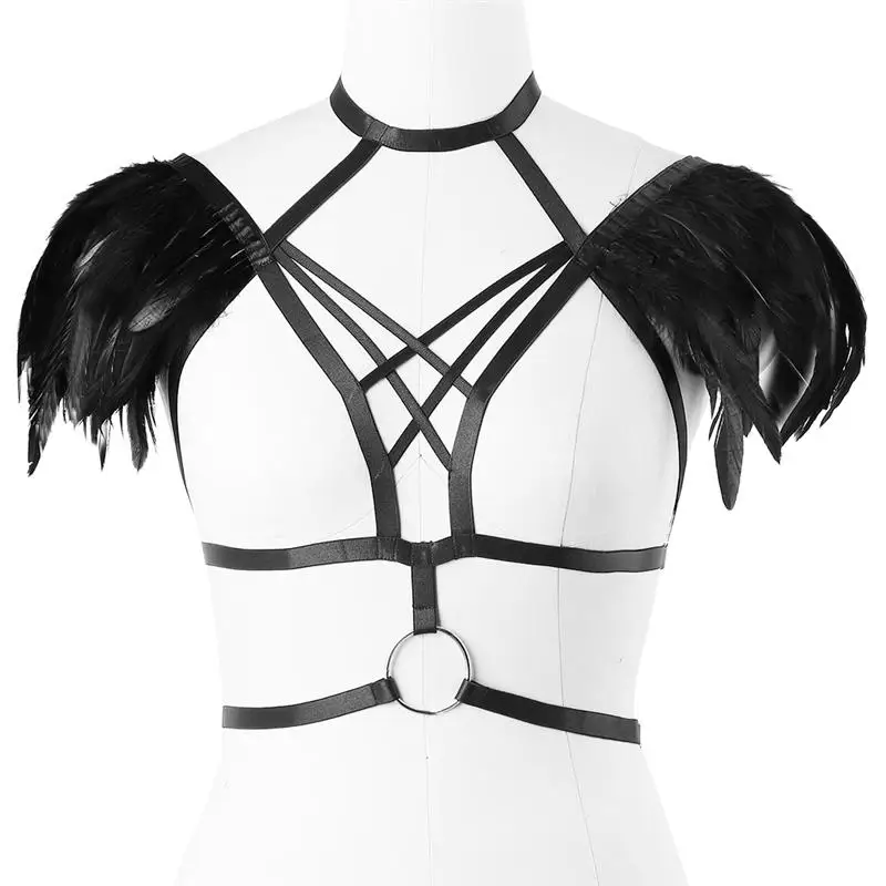 Black O0577 Готический Цыганский перьевая клетка бюстгальтер Rave Body жгут для женщин одежда обертывание грудь стиль Связывание Белье Кружева Цветы клетка бюстгальтер - Цвет: Black O0577
