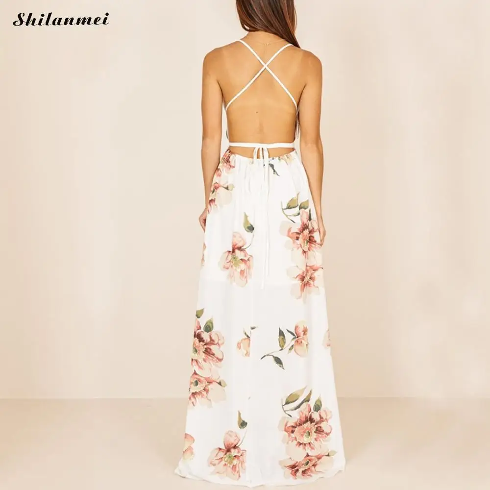 Женское шифоновое длинное платье с цветочным принтом Boho на тонких бретельках