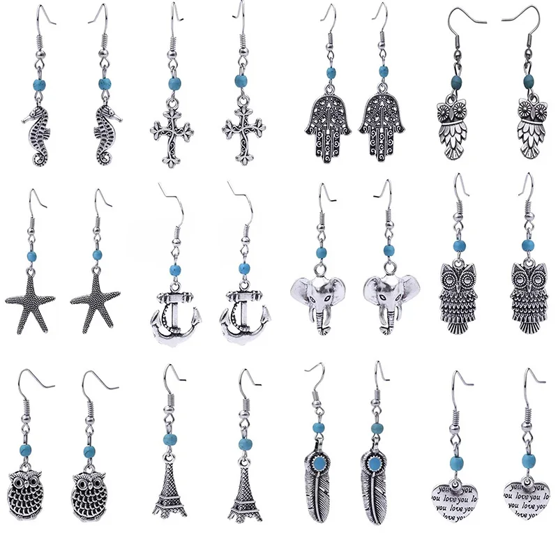 12 Styles Bohemia Sea horse Elephant Leaf Drop Earrings for Women Ethnic Antique Silver Plated Dangle Earring Fashion Jewelry | Украшения и