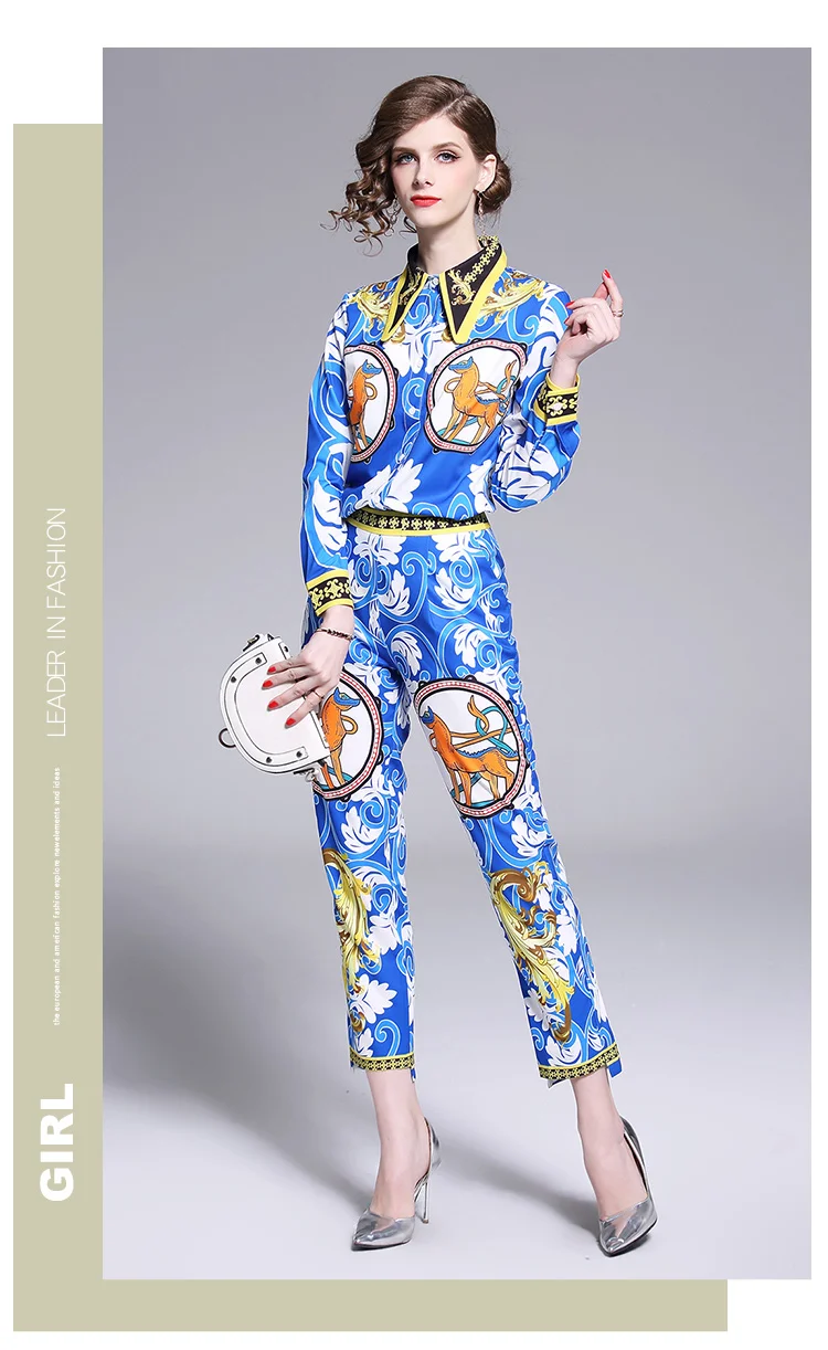 Высокое качество, весна, модный дизайнерский подиумный костюм, комплект из 2 предметов, женская рубашка с отложным воротником и длинными рукавами+ винтажные штаны
