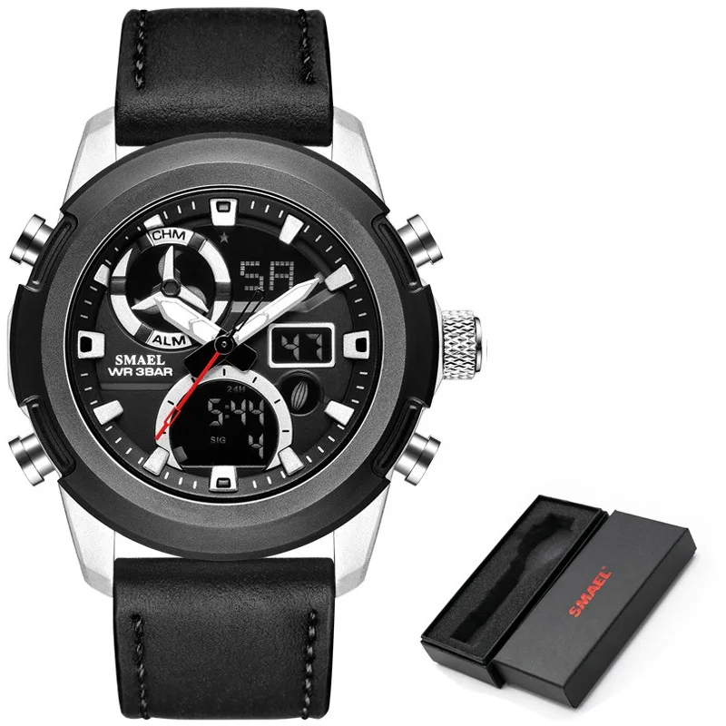 Black Silver SMAEL мужские модные спортивные часы мужские кварцевые аналоговые светодиодный Digita часы мужские кожаные военные водонепроницаемые часы Relogio Masculino - Цвет: Black Silver