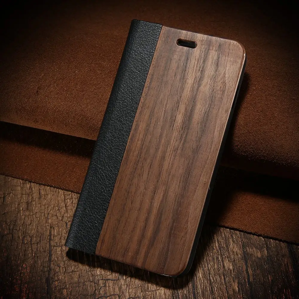 KISSCASE НАСТОЯЩИЙ ДЕРЕВЯННЫЙ флип чехол для iPhone 6, 6 S, 7, 8plus X натуральное дерево из искусственной кожи телефонные чехлы для samsung Galaxy S7 Edge чехол IX - Цвет: BlackWalnut