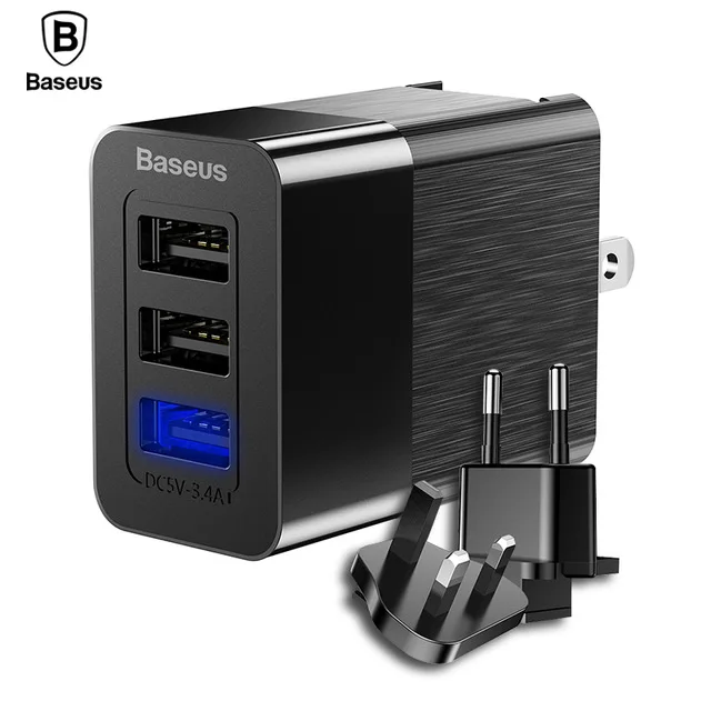 Baseus 3 в 1 USB зарядное устройство 3 порта EU US UK вилка для iphone X samsung S9 2.4A сменная вилка портативное зарядное устройство для путешествий - Тип штекера: Универсальный
