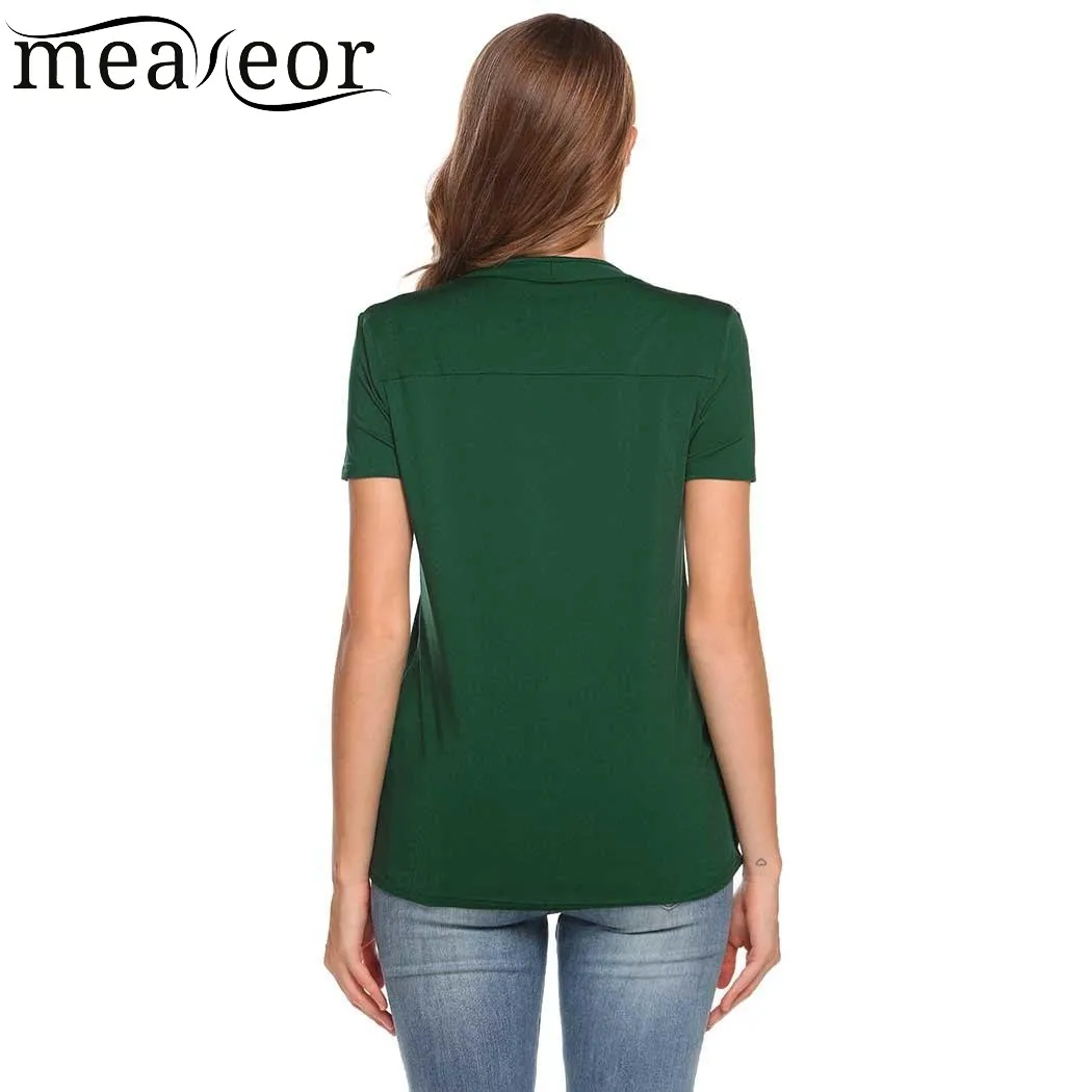 Женские футболки Meaneor повседневные однотонные с коротким рукавом и драпировкой