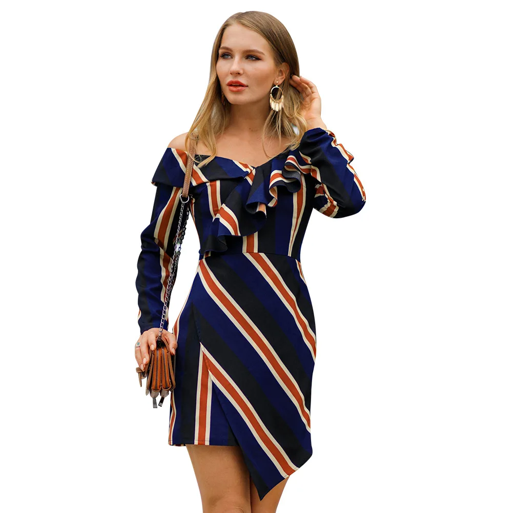 2019 New Spring Office Lady Women Dress V-Neck Long Sleeve Stripped Female Outwear Casual Slim Fit High Waist Sheath | Женская одежда