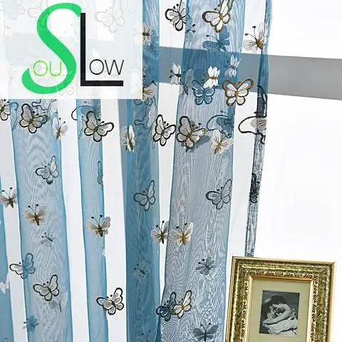Пасторальные шторы с вышивкой Slow Soul Синие Бабочки занавески для спальни гостиной