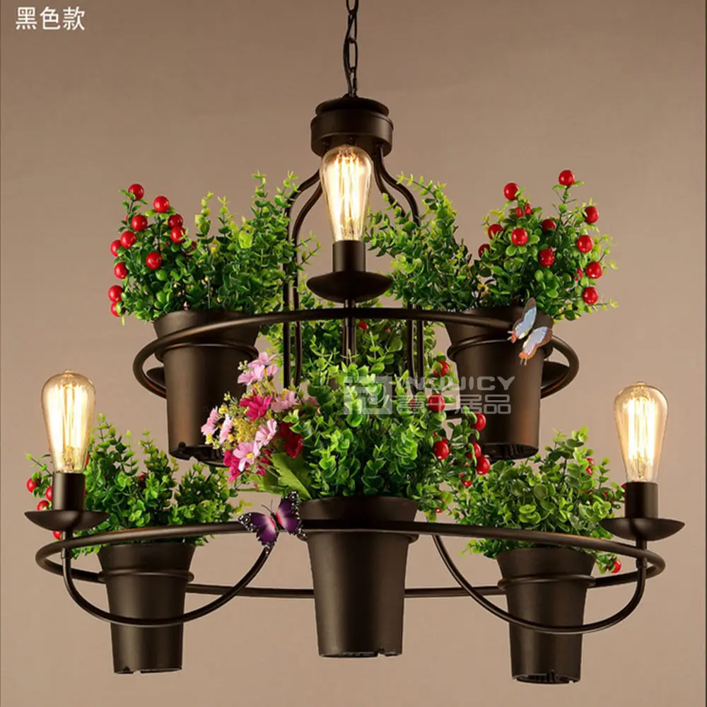 

Modern Wrought Iron Potted Floriculture Edison Lamp Chandelier Pendant Hanging Lighting Home Cafe Bar Store Club Corridor Decor