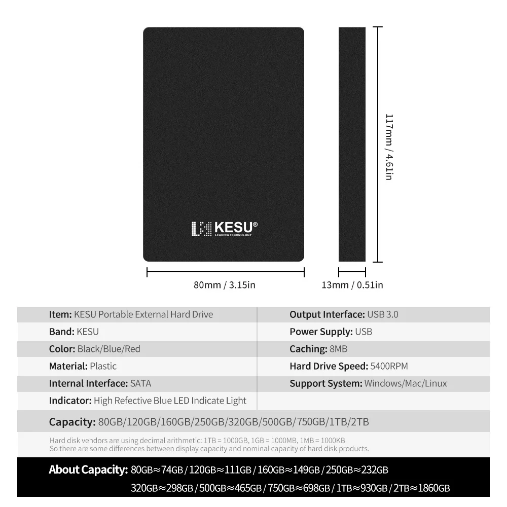 KESU HDD 2.5" Portable External Hard disk Drive 320gb/500gb/750gb/1tb USB3.0 Storage Compatible for PC, Mac, Desktop,MacBook images - 6