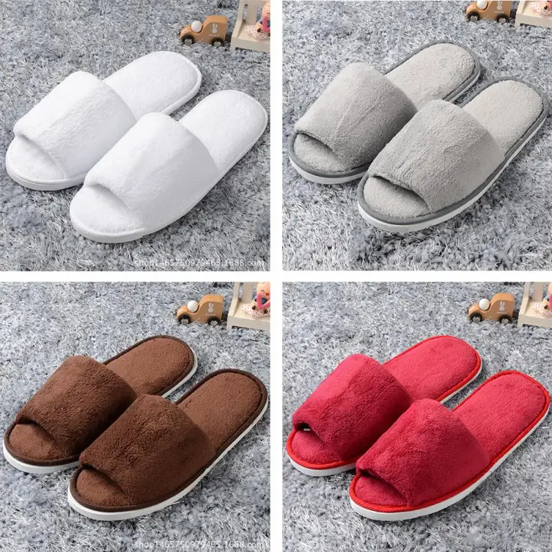 Женские и мужские зимние тапочки с открытым носком Теплые плюшевые шлепанцы